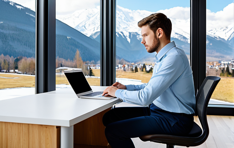 A focused young professional, fully clothed in a modest, smart-casual collared shirt and trousers, sits at a sleek, ergonomic desk. The setting is a bright, modern co-working space, with a large window in the background offering a stunning, serene vista of a snow-capped mountain range under a clear sky. The individual is intently working on a laptop, exhibiting a natural, productive pose. perfect anatomy, correct proportions, well-formed hands, proper finger count, natural body proportions, high-resolution, professional photography, realistic, safe for work, appropriate content, fully clothed, professional.