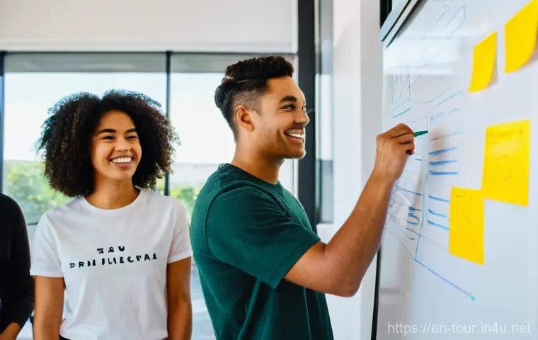 브랜드 마케팅 - **Prompt:** A diverse group of young adults (aged approximately 18-25) in a bright, modern co-workin...