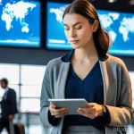 관광산업의 리스크 분석 - **Prompt:** A young, diverse female traveler in her late 20s, dressed in smart casual travel attire ...