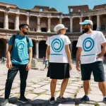 증강 현실 관광 - **Prompt:** A diverse group of tourists, including a family with a child (wearing a t-shirt and shor...