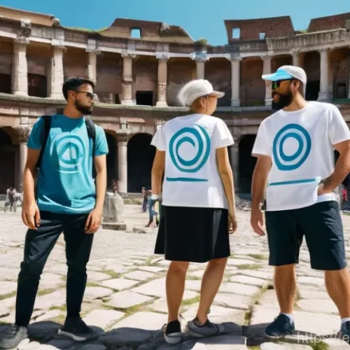 증강 현실 관광 - **Prompt:** A diverse group of tourists, including a family with a child (wearing a t-shirt and shor...