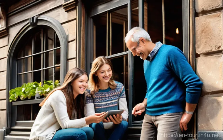 증강 현실 관광 - **Prompt:** A diverse group of tourists, including a family with a child (wearing a t-shirt and shor...