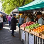 지역 관광 - **Vibrant Local Farmers' Market**
    A bustling outdoor farmers' market bathed in warm, natural day...