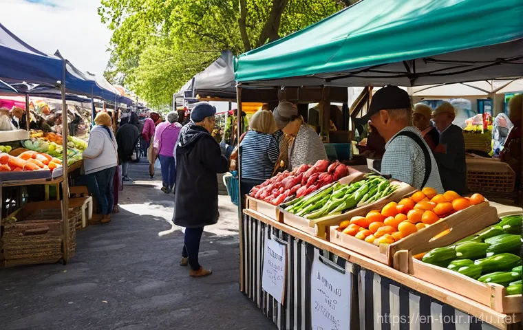 지역 관광 - **Vibrant Local Farmers' Market**
    A bustling outdoor farmers' market bathed in warm, natural day...