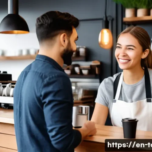 고객의 기대와 경험 - A cozy modern coffee shop scene where a friendly barista warmly greets a customer, holding a persona...