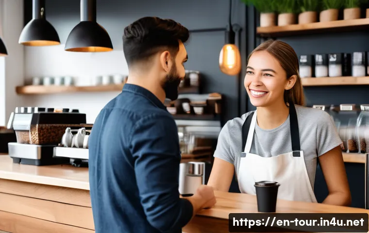 고객의 기대와 경험 - A cozy modern coffee shop scene where a friendly barista warmly greets a customer, holding a persona...