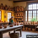 지역 관광 활성화 방안 - A vibrant scene of a quaint artisan workshop in a small European town, featuring skilled local craft...