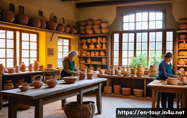 지역 관광 활성화 방안 - A vibrant scene of a quaint artisan workshop in a small European town, featuring skilled local craft...