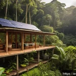지속 가능한 관광 개발 - A serene eco-lodge nestled in a lush Costa Rican rainforest, featuring solar panels on the rooftop, ...