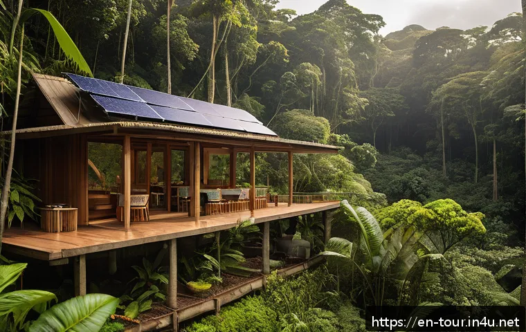 지속 가능한 관광 개발 - A serene eco-lodge nestled in a lush Costa Rican rainforest, featuring solar panels on the rooftop, ...