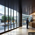 관광 기업의 재무 분석 - A modern boutique hotel lobby bustling with diverse guests checking in, showcasing digital cloud acc...