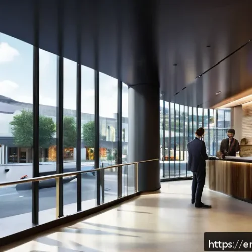 관광 기업의 재무 분석 - A modern boutique hotel lobby bustling with diverse guests checking in, showcasing digital cloud acc...