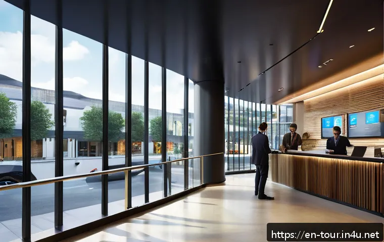 관광 기업의 재무 분석 - A modern boutique hotel lobby bustling with diverse guests checking in, showcasing digital cloud acc...