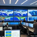관광학 연구 방법론 - A bustling urban tourism control room featuring large interactive dashboards and GIS maps displayed ...