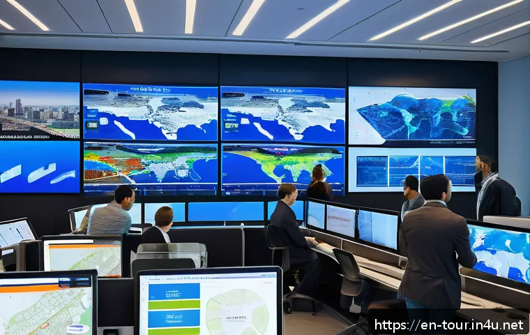 관광학 연구 방법론 - A bustling urban tourism control room featuring large interactive dashboards and GIS maps displayed ...