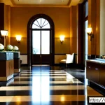 호텔업 - Photorealistic luxury hotel lobby during early morning check-in, a professionally dressed concierge ...