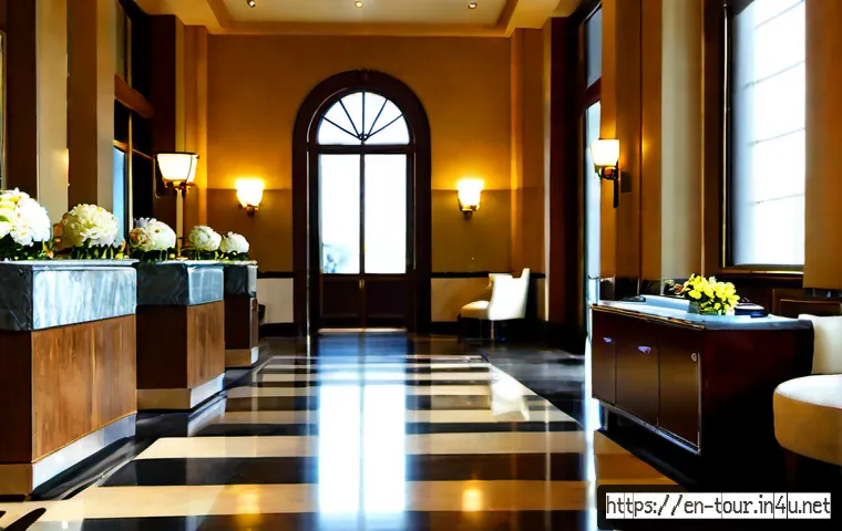 호텔업 - Photorealistic luxury hotel lobby during early morning check-in, a professionally dressed concierge ...