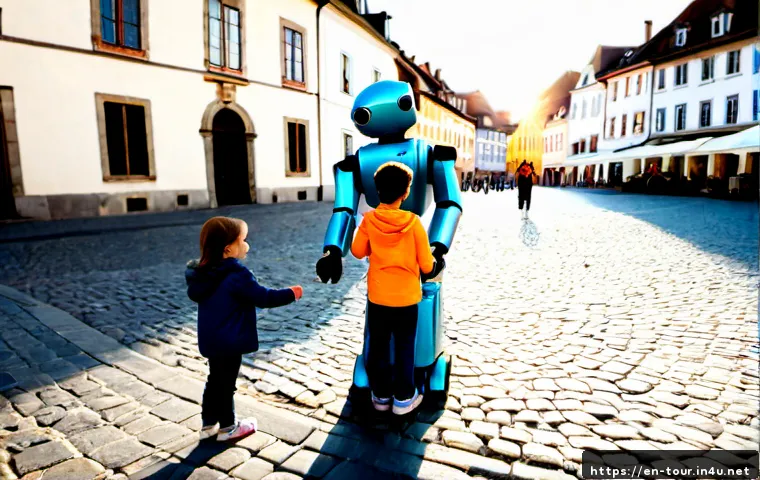 로봇 관광 가이드 - Photorealistic friendly autonomous robot tourist guide leading a small family through a historic Eur...