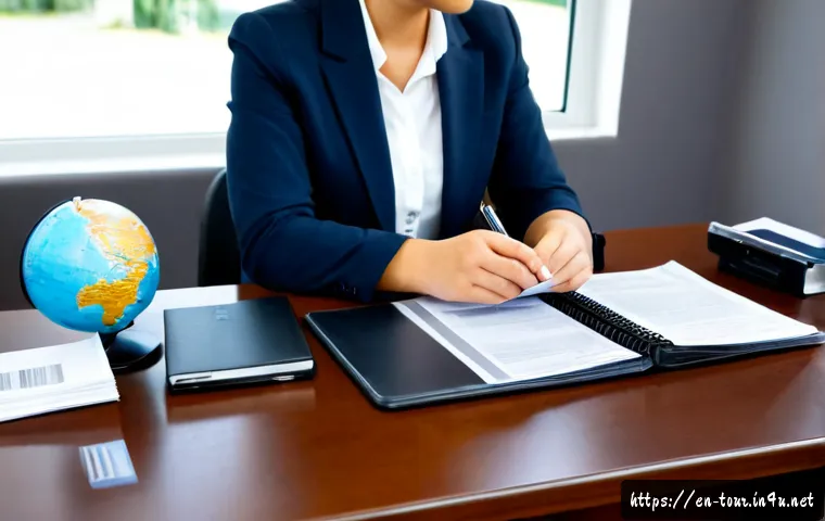 여행사 운영 법규 - Photorealistic travel agency compliance office in the United States, experienced travel consultant i...
