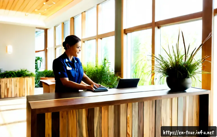 친환경 호텔 운영 - Photorealistic modern eco-friendly hotel lobby, sunlit reception area with reclaimed wood desk, indo...