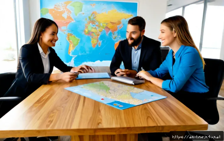 인바운드 관광 마케팅 전략 - Photorealistic tourism marketing strategy meeting in a bright modern U.S. travel agency office, dive...